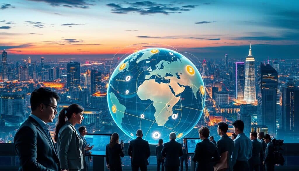 A futuristic, visually striking montage representing the 2026 crypto market landscape. In the foreground, a diverse group of professionals in business attire, focused on digital screens displaying market graphs and crypto symbols, symbolizing collaboration and strategy. The middle ground features a large, holographic globe, pinpointing major cryptocurrency hubs around the world, with lines connecting them like a blockchain network. In the background, a bustling city skyline with modern architecture under a twilight sky, illuminated by neon lights, reflecting the dynamic nature of the crypto industry. The lighting should create a tech-savvy atmosphere, with bright highlights on the screens and soft glows from the city. The overall mood is innovative and collaborative, ideal for illustrating a strategic approach to navigating the evolving crypto landscape.