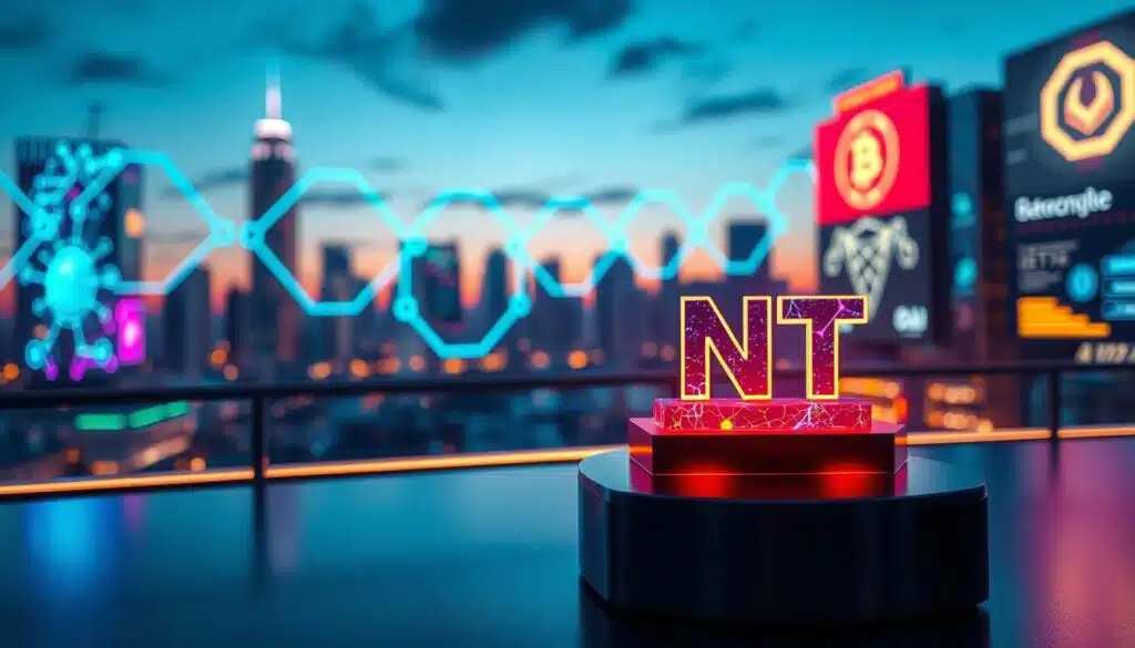 A futuristic, visually striking representation of blockchain and NFT technology. In the foreground, a digital artwork of an NFT, glowing with vibrant colors, rests on a sleek, modern pedestal. The middle ground features interlocking blockchain links, symbolizing connectivity and security, outlined in neon blues and greens. The background showcases a stylized city skyline at dusk, with digital billboards displaying abstract data flows and cryptocurrency symbols. Illuminated by soft, ambient lighting, the atmosphere conveys innovation and excitement, emphasizing a technological advancement. Use a 35mm lens to create a slightly blurred depth of field, focusing on the NFT and blockchain elements in sharp detail. The overall mood is professional and optimistic, evoking the potential of digital art in the future economy.