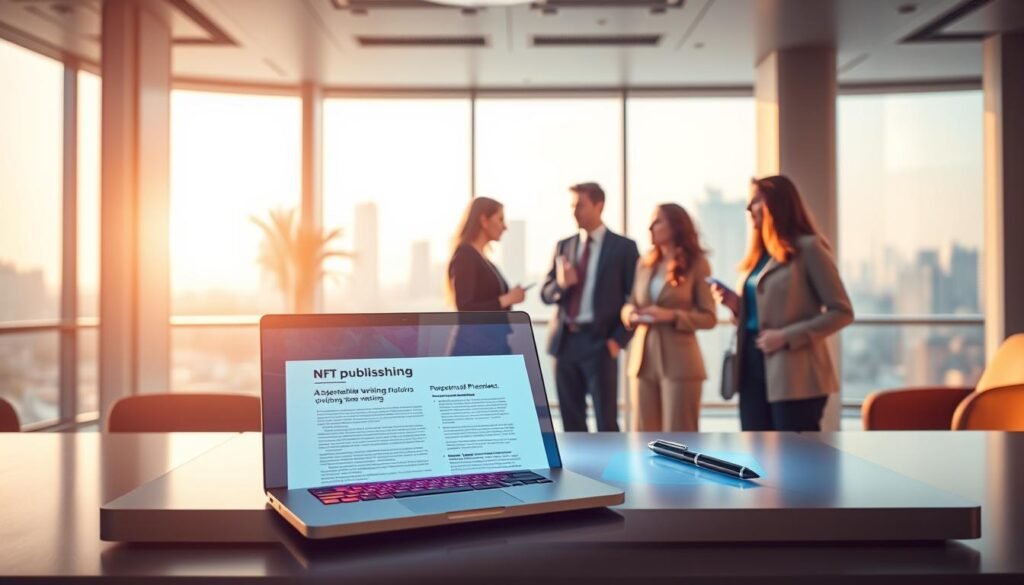 A futuristic workspace representing a decentralized writing platform. In the foreground, a sleek, modern desk with an open laptop displaying a digital document about NFT publishing; the screen is illuminated with a vibrant design. Beside it, a digital pen and a holographic notepad hover in the air. In the middle ground, a diverse group of three professionals in smart casual attire, deep in discussion, showcasing creativity and collaboration. The background features a large window with a cityscape view, while soft natural light floods the room, casting gentle shadows. The color scheme is warm and inviting, instilling a sense of innovation and opportunity. Overall, the scene captures a productive and inspiring atmosphere focused on the future of writing and publishing in the digital realm. A futuristic workspace representing a decentralized writing platform. In the foreground, a sleek, modern desk with an open laptop displaying a digital document about NFT publishing; the screen is illuminated with a vibrant design. Beside it, a digital pen and a holographic notepad hover in the air. In the middle ground, a diverse group of three professionals in smart casual attire, deep in discussion, showcasing creativity and collaboration. The background features a large window with a cityscape view, while soft natural light floods the room, casting gentle shadows. The color scheme is warm and inviting, instilling a sense of innovation and opportunity. Overall, the scene captures a productive and inspiring atmosphere focused on the future of writing and publishing in the digital realm.