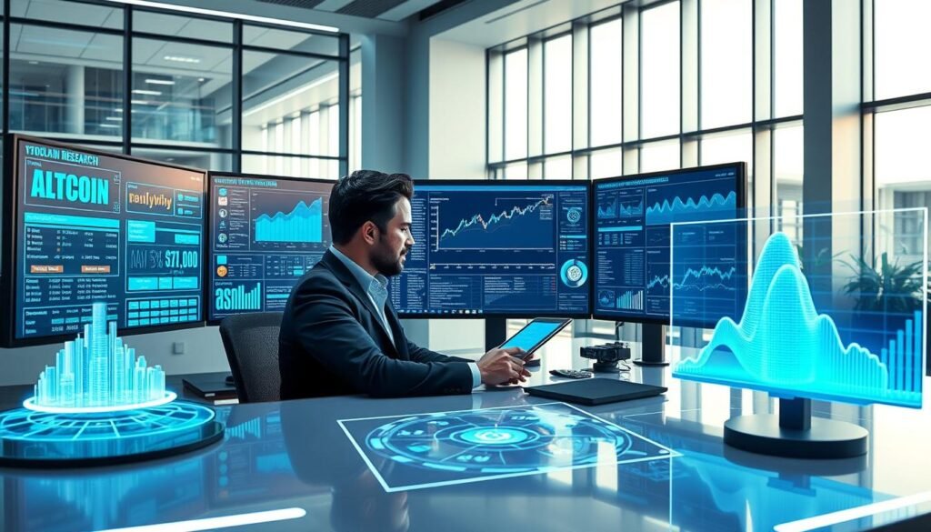 A futuristic workspace showcasing advanced AI tools for cryptocurrency research. In the foreground, a sleek desk with multiple high-resolution monitors displaying complex data visualizations of altcoin trends, blockchain statistics, and neural network analysis. A professional individual in business attire is seated, focused on the screens, using a tablet to interact with the data. The middle ground features holographic charts projecting 3D graphs that illustrate market insights and price predictions. The background highlights a modern office with large windows, letting in natural light that enhances the technological ambiance. Soft blue and green lighting adds a futuristic touch, creating an atmosphere of innovation and research. The overall composition should convey a sense of professionalism and cutting-edge technology.