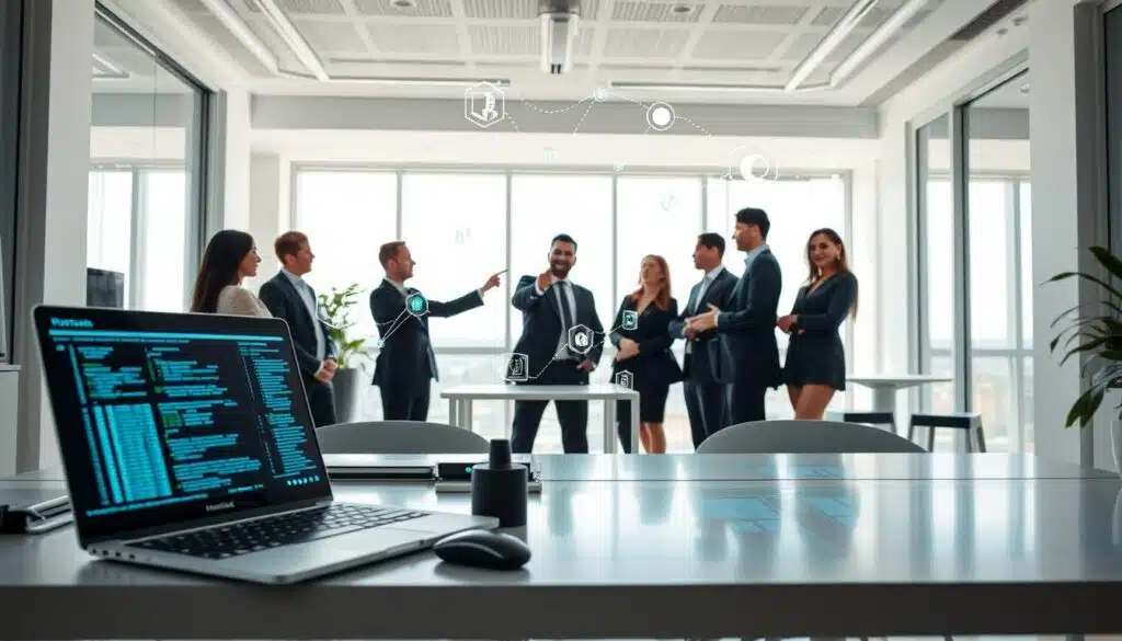 A futuristic workspace showcasing blockchain development tools for 2026. In the foreground, a sleek, modern desk with high-tech gadgets like holographic displays and a laptop with code snippets reflecting blockchain programming languages. In the middle, a diverse group of professionals in business attire collaborating, pointing at visualized blockchain networks and smart contracts projected in mid-air. The background features a bright, minimalistic office with large windows, allowing natural light to illuminate the scene, creating an atmosphere of innovation and teamwork. The image should capture a sense of focus and creativity, emphasizing the cutting-edge technology and the collaborative nature of blockchain development. Soft, diffused lighting enhances the modern aesthetics.