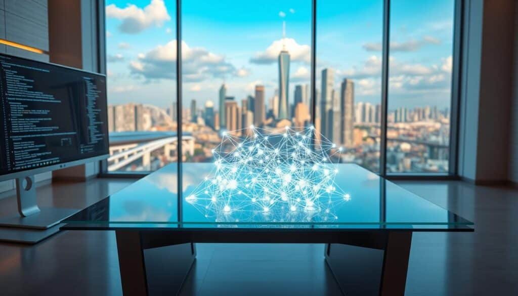 A futuristic workspace showcasing decentralized architecture concepts. In the foreground, a sleek, modern computer with multiple screens displays blockchain code and interconnected nodes. The middle layer features a transparent, illuminated 3D model of a decentralized network, with nodes and lines representing data flow, set on an elegant conference table made of glass. In the background, a large window reveals a vibrant city skyline under a bright sky, showcasing a blend of nature and technology. The lighting is warm and inviting, creating a sense of innovation and collaboration. The overall mood is inspiring and forward-thinking, emphasizing the integration of blockchain technology in a professional environment.