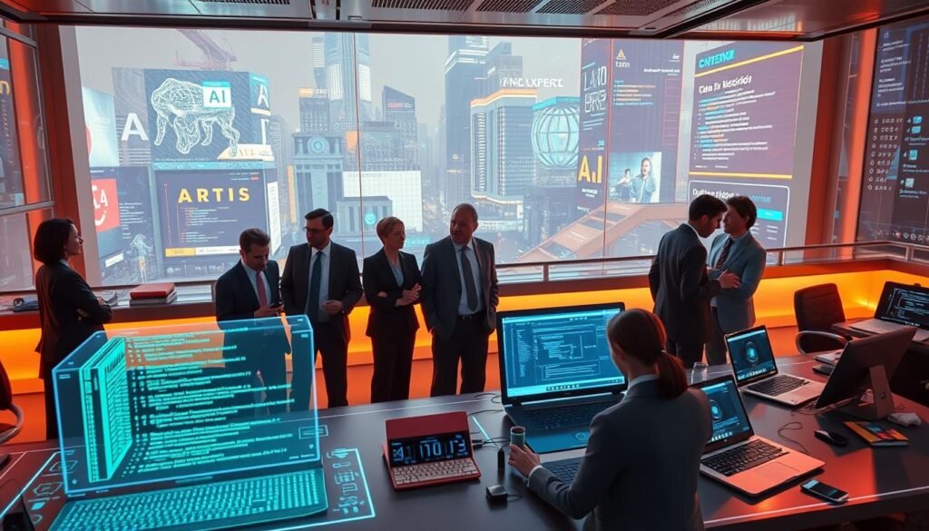 A futuristic workspace showcasing the evolution of AI coding tools, with distinct layers illustrating different eras. In the foreground, a diverse group of professionals, dressed in smart business attire, collaborates over sleek holographic screens displaying code and AI interfaces. In the middle ground, early coding tools like punch cards and bulky computers transition into modern laptops and tablets featuring intuitive AI assistants. The background should feature a futuristic cityscape with digital billboards displaying AI technologies and coding languages, bathed in warm, soft lighting to suggest innovation and progress. The atmosphere is inspiring and dynamic, emphasizing the impact of AI on software development, with a focus on teamwork and technological advancement. The angle should be slightly above eye level, providing a broad view of this evolution.