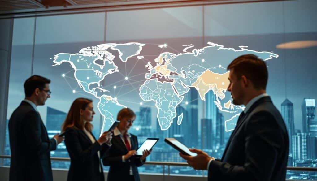 A high-tech, detailed illustration of a correspondent banking system in action, showcasing interconnected global financial institutions. In the foreground, professionals dressed in smart business attire are engaged in discussions, using digital tablets to analyze data. In the middle ground, a large digital map displays international connections marked by glowing lines representing currency flows between banks across various countries. The background features a modern city skyline with skyscrapers, symbolizing a global financial hub. Soft, ambient lighting highlights the scene, suggesting a busy yet organized atmosphere. A slight lens blur emphasizes the professionals in the foreground, creating depth and focusing the viewer's attention on the dynamic financial interactions represented.