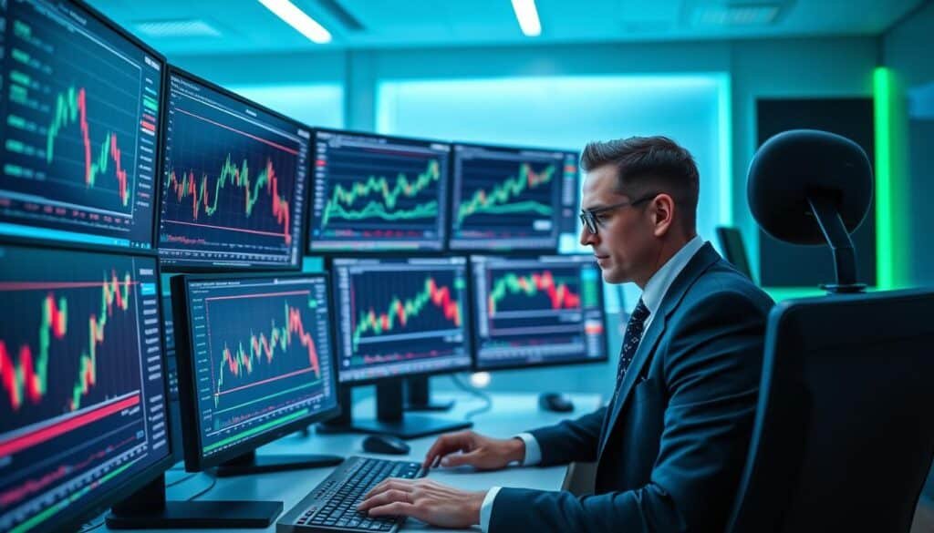 A high-tech, futuristic trading desk filled with multiple monitors displaying cryptocurrency charts and analytics. In the foreground, a focused individual in professional business attire is analyzing complex data patterns, with graphs showcasing sudden upward price movements. The middle ground features glowing screens with intricate algorithms and candlestick charts that indicate potential crypto pumps. In the background, a softly lit room suggests an advanced financial environment, blending shades of blue and green, creating a serious yet dynamic atmosphere. The image is illuminated with soft, diffused lighting to highlight the screens without harsh reflections, giving a sense of urgency and innovation in cryptocurrency trading. A high-tech, futuristic trading desk filled with multiple monitors displaying cryptocurrency charts and analytics. In the foreground, a focused individual in professional business attire is analyzing complex data patterns, with graphs showcasing sudden upward price movements. The middle ground features glowing screens with intricate algorithms and candlestick charts that indicate potential crypto pumps. In the background, a softly lit room suggests an advanced financial environment, blending shades of blue and green, creating a serious yet dynamic atmosphere. The image is illuminated with soft, diffused lighting to highlight the screens without harsh reflections, giving a sense of urgency and innovation in cryptocurrency trading.