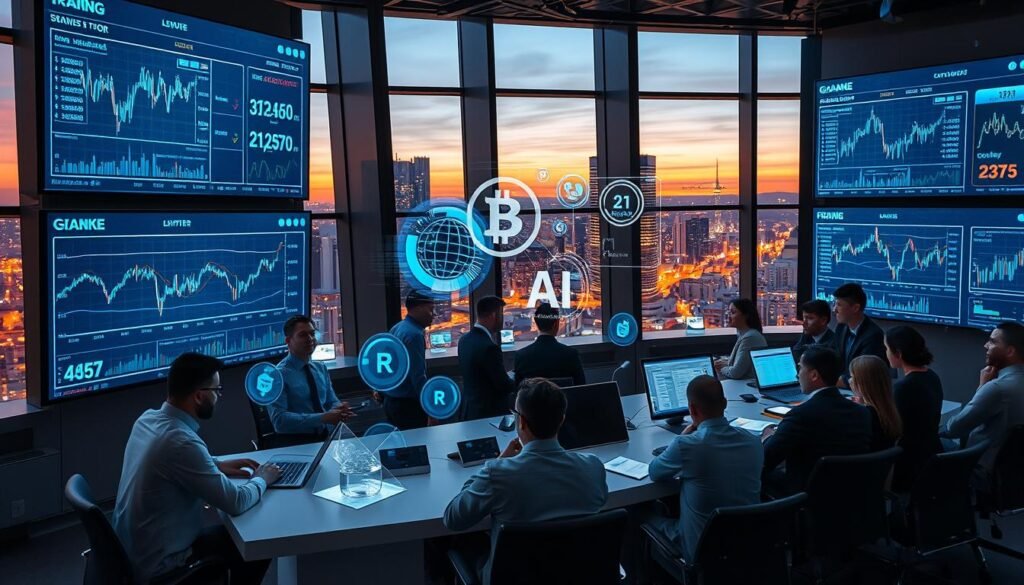 A high-tech trading room bustling with activity, showcasing a futuristic AI interface on large screens displaying fluctuating cryptocurrency graphs and analytics. In the foreground, a diverse group of professionals in business attire gather around a sleek, modern trading table, analyzing data and collaborating on strategies. The middle ground features holographic images of digital coins and AI algorithms projecting from the screens, symbolizing the interplay between artificial intelligence and crypto markets. The background consists of high-rise windows with a city skyline lit by dusk, casting a warm glow that contrasts with the cool blue tones of the tech elements. The scene conveys an atmosphere of innovation and strategic thinking, emphasizing the importance of AI in enhancing trading decisions and liquidity optimization.