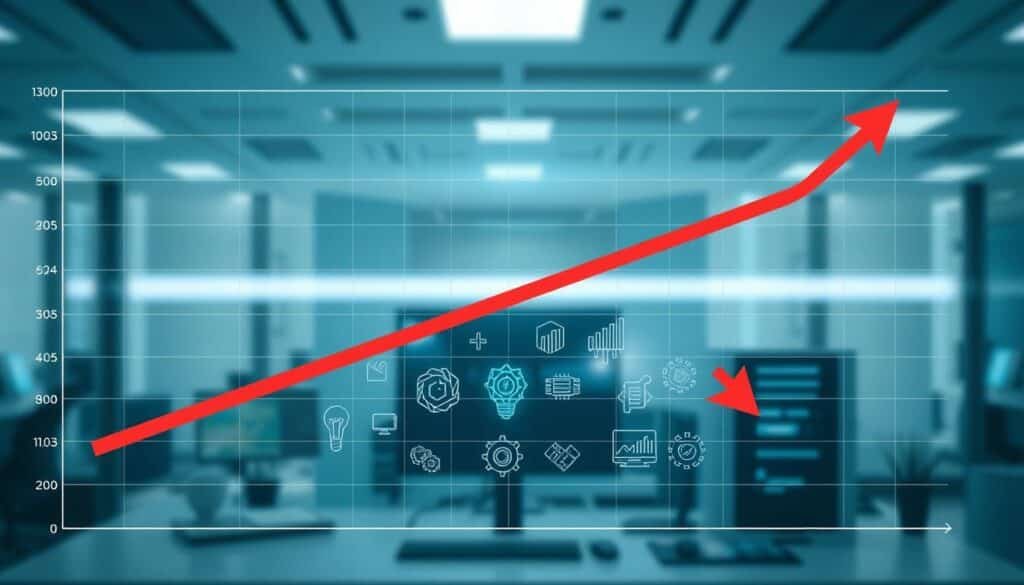 A highly detailed and visually striking chart depicting the AI infrastructure supply-demand imbalance. In the foreground, a bold, upward-arching green line representing demand crosses a cautious, downward-sloping red line symbolizing supply. The lines are distinct and vividly colored, with arrows indicating trends. In the middle ground, icons representing various AI technologies, such as neural networks, chips, and data servers, are subtly integrated into the chart background to provide context. The background features a modern, digital workspace theme with a soft gradient of blue and gray tones, creating a tech-savvy atmosphere. The lighting is bright, emphasizing clarity and focus on the chart. The overall mood is analytical and professional, perfect for an investment thesis illustration.
