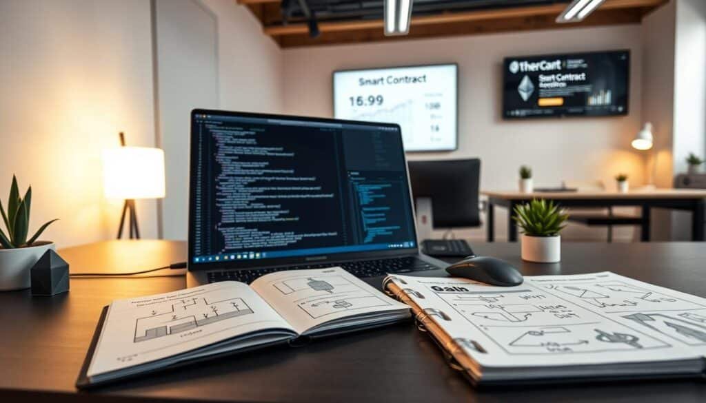 A modern Ethereum development environment setup. In the foreground, a sleek laptop displays a coding interface with lines of smart contract code in a high-contrast dark theme. Nearby, a technical notebook opens to sketches of blockchain architecture and smart contract deployment flowcharts. In the middle ground, a tidy desk is organized with a mechanical keyboard and a wireless mouse, accompanied by small decorative plants for a touch of greenery. The background features a minimalistic office space, with soft, ambient lighting creating a warm atmosphere, and a wall-mounted screen showcasing smart contract deployment statistics. The mood is focused and professional, emphasizing technology and innovation. The angle captures the workspace from a slight elevation, giving an overview of the setup without including any human subjects.