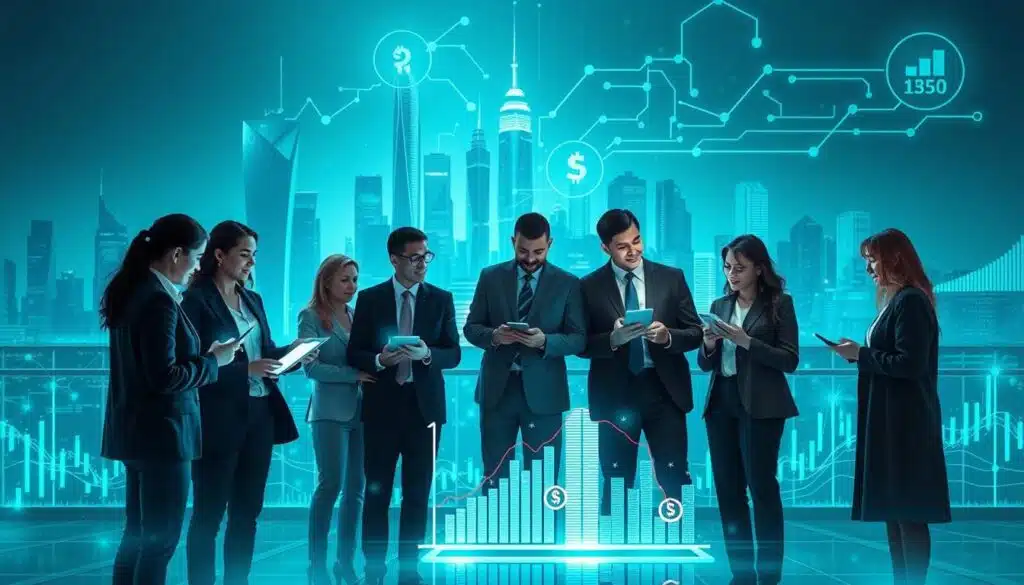 A modern and dynamic market overview and investment landscape of AI crypto venture capital trends in 2026. In the foreground, a diverse group of professional individuals in business attire engaged in discussion, using digital devices and holographic displays showcasing growth charts and cryptocurrency symbols. The middle ground features a sleek, futuristic city skyline with illuminated tech buildings, symbolizing advanced financial technology. In the background, a vibrant network of data streams and glowing digital graphs represents the interconnected nature of global investments. The scene is bathed in cool blue and green tones, creating a high-tech ambiance with soft, focused lighting that highlights the interactions among the individuals, emphasizing innovation and collaboration. The atmosphere is energetic and forward-looking, capturing the essence of a progressive financial environment. A modern and dynamic market overview and investment landscape of AI crypto venture capital trends in 2026. In the foreground, a diverse group of professional individuals in business attire engaged in discussion, using digital devices and holographic displays showcasing growth charts and cryptocurrency symbols. The middle ground features a sleek, futuristic city skyline with illuminated tech buildings, symbolizing advanced financial technology. In the background, a vibrant network of data streams and glowing digital graphs represents the interconnected nature of global investments. The scene is bathed in cool blue and green tones, creating a high-tech ambiance with soft, focused lighting that highlights the interactions among the individuals, emphasizing innovation and collaboration. The atmosphere is energetic and forward-looking, capturing the essence of a progressive financial environment.