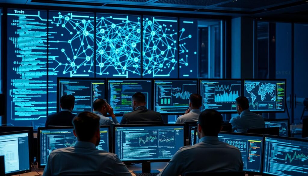 A modern blockchain testnet development environment, showcasing a sleek workspace with multiple high-resolution monitors displaying code and network diagrams. In the foreground, a diverse group of software developers in professional attire are engaged in intense collaboration, discussing and coding together. The middle ground features intricate visuals of a blockchain network on the screens, illustrating interconnected nodes and smart contracts, with graphs and analytics showcasing real-time data. In the background, a virtual interface of testnet protocols is projected on a glass wall, illuminated by cool blue and green lighting, creating a tech-savvy, innovative atmosphere. The image should convey a sense of urgency and creativity, highlighting the importance of testnets in blockchain development for 2026.