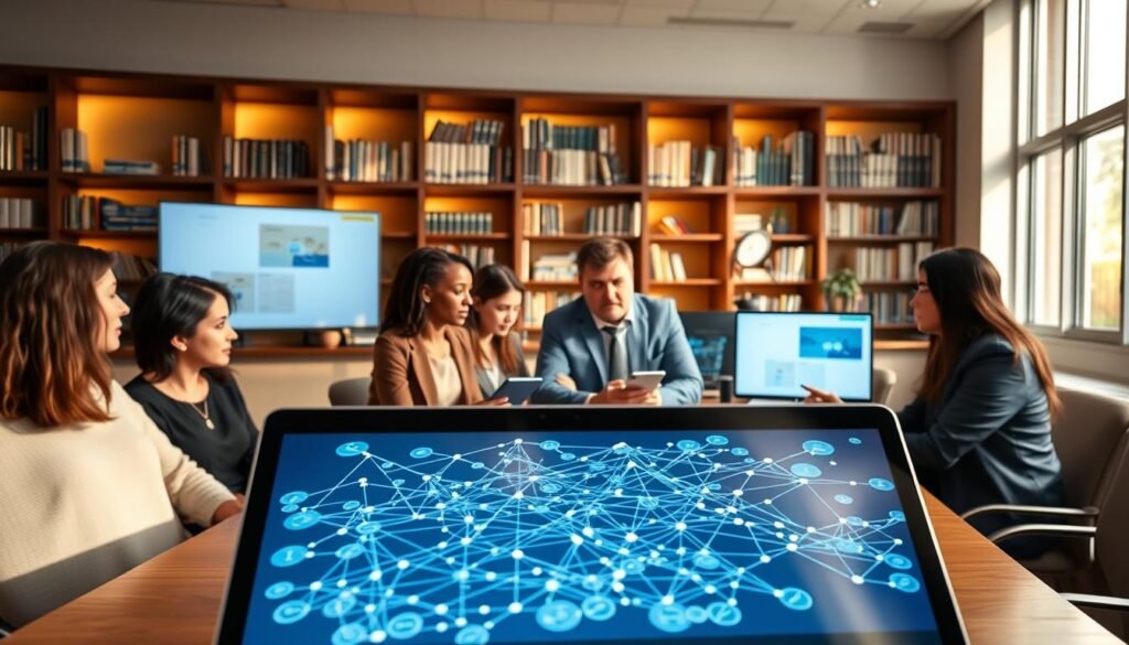 A modern classroom setting focused on blockchain technology education, featuring a diverse group of adult learners in professional business attire engaged in a hands-on seminar. In the foreground, a laptop displays a dynamic blockchain diagram, showing interconnected nodes and ledgers. In the middle ground, students collaborate around a large table, studying digital devices and interactive whiteboards showcasing blockchain applications in education. The background reveals shelves filled with books on technology and innovation, illuminated by soft, warm lighting that creates an inviting atmosphere. A large window allows natural light to pour in, casting soft shadows across the room. The mood is one of enthusiasm and curiosity, emphasizing the transformative impact of blockchain in verifying academic credentials.