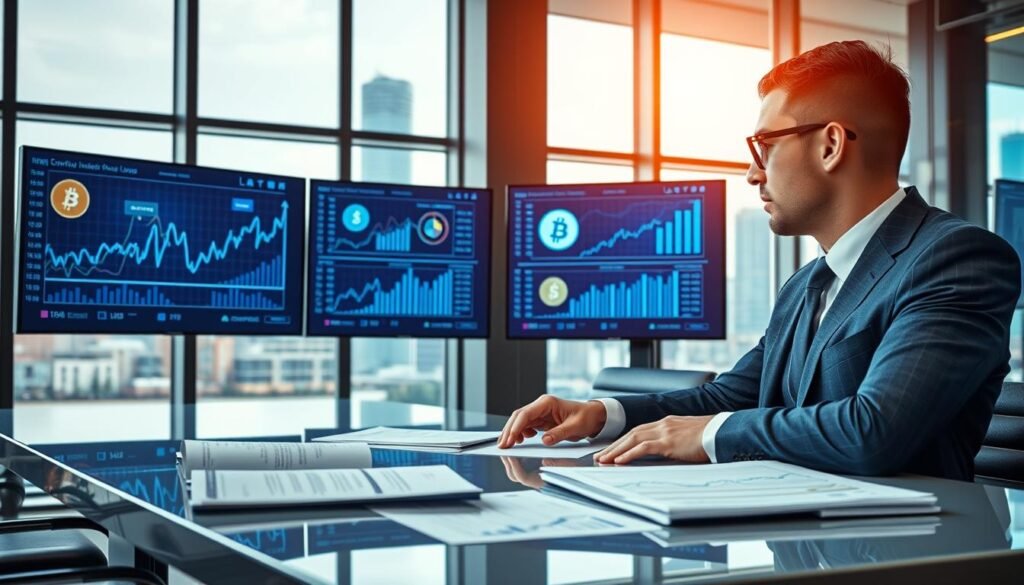 A modern corporate office environment illustrating the concept of institutional crypto investment capital. In the foreground, a professional business person in a sharp suit analyzes multiple digital screens displaying graphs and cryptocurrency logos, representing growth and analytics. In the middle ground, a sleek conference table with documents and charts about crypto index funds. The background features large windows with a city skyline, suggesting progress and innovation. The atmosphere is bright and optimistic, with warm lighting reflecting off glass surfaces. The image should be composed with a slight angle to give depth, showcasing the interconnectedness of finance and technology, emblematic of the rise of institutional investment in crypto.
