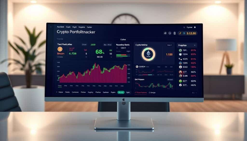A modern crypto portfolio tracker dashboard overview displayed on a sleek computer monitor. The foreground features colorful, dynamic charts representing cryptocurrency values, including Bitcoin, Ethereum, and several altcoins, with glowing green and red indicators showing gains and losses. In the middle, there’s a digital wallet feature showing current holdings and recent transaction history. The background includes a stylish office environment with soft, ambient lighting and minimalistic decor, emphasizing a professional atmosphere. The image is shot from a slightly elevated angle, capturing the dashboard's intricate details while creating depth. The overall mood is one of sophistication and high-tech innovation, reflecting the growing need for crypto portfolio management tools in 2026.