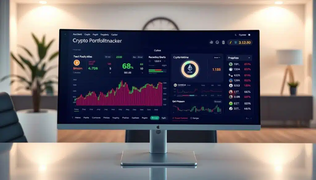 A modern crypto portfolio tracker dashboard overview displayed on a sleek computer monitor. The foreground features colorful, dynamic charts representing cryptocurrency values, including Bitcoin, Ethereum, and several altcoins, with glowing green and red indicators showing gains and losses. In the middle, there’s a digital wallet feature showing current holdings and recent transaction history. The background includes a stylish office environment with soft, ambient lighting and minimalistic decor, emphasizing a professional atmosphere. The image is shot from a slightly elevated angle, capturing the dashboard's intricate details while creating depth. The overall mood is one of sophistication and high-tech innovation, reflecting the growing need for crypto portfolio management tools in 2026.