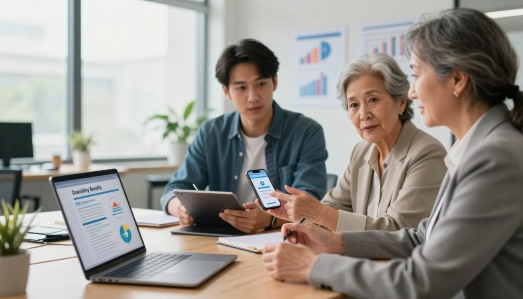 A modern, digital workspace featuring a diverse group of three individuals engaged in a productive conversation about disability benefits. In the foreground, focus on a middle-aged woman in business attire, intently discussing points highlighted on a laptop screen, which displays infographics related to disability benefits. Next to her, a young man in smart casual clothing is taking notes on a tablet, while a senior individual, dressed in professional attire, gestures towards a smartphone illustrating digital resources. The middle ground shows a sleek, modern office environment with large windows allowing natural light to flood in, creating a warm and inviting atmosphere. In the background, soft-focus images of charts and graphs can be seen on a wall, enhancing the theme of digital information. The overall mood should convey collaboration, empowerment, and clarity in the context of understanding disability benefits today.