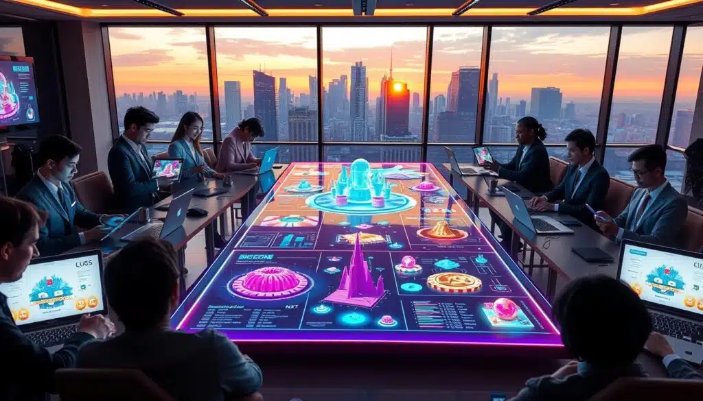 A modern digital workspace filled with advanced NFT tools and technologies. In the foreground, a diverse group of creators in professional business attire are actively engaged with their laptops and tablets, showcasing various NFT designs on screens. The middle ground features a sleek conference table adorned with holographic displays of NFT art, 3D models, and analytics dashboards, all illuminated with vibrant, colorful lighting. In the background, large windows reveal a futuristic city skyline bathed in soft sunset light, symbolizing innovation and opportunity. The atmosphere is lively and collaborative, emphasizing creativity and technology merging, with a clear focus on exploring the best tools available for NFT creation in 2026.