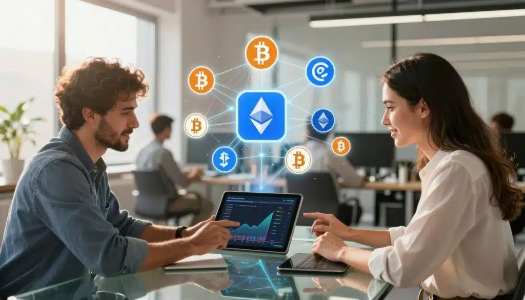 A modern digital workspace illustrating the concept of cryptocurrency payments for freelancers. In the foreground, a diverse group of two professionals—one man and one woman—are seated at a sleek glass table, analyzing a digital tablet displaying cryptocurrency transaction graphs. Both are dressed in smart casual wear. In the middle ground, an array of icons representing various cryptocurrencies like Bitcoin and Ethereum hover gently, connected by a network of glowing lines. The background features a contemporary office environment with large windows letting in warm sunlight, casting soft shadows. The overall atmosphere is collaborative and innovative, suggesting the ease and potential of embracing crypto payments in freelance work. The image is bright and inviting, with a polished, tech-savvy feel. A modern digital workspace illustrating the concept of cryptocurrency payments for freelancers. In the foreground, a diverse group of two professionals—one man and one woman—are seated at a sleek glass table, analyzing a digital tablet displaying cryptocurrency transaction graphs. Both are dressed in smart casual wear. In the middle ground, an array of icons representing various cryptocurrencies like Bitcoin and Ethereum hover gently, connected by a network of glowing lines. The background features a contemporary office environment with large windows letting in warm sunlight, casting soft shadows. The overall atmosphere is collaborative and innovative, suggesting the ease and potential of embracing crypto payments in freelance work. The image is bright and inviting, with a polished, tech-savvy feel.