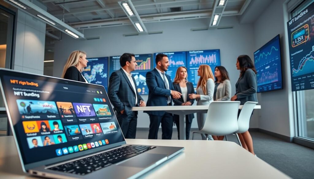 A modern digital workspace showcasing the concept of NFT bundling. In the foreground, a sleek laptop displays an interactive dashboard with colorful icons representing various NFTs, which include digital art, music, and virtual real estate. In the middle ground, a diverse group of professionals in business attire gather around a table, discussing strategies with a sample collection of NFTs that includes vibrant, stylized images. In the background, digital screens highlight graphs and trends related to NFT bundling. The lighting is bright yet soft, creating an energetic and innovative atmosphere. The angle is slightly elevated, giving a panoramic view of the collaboration, demonstrating the potential and dynamism of NFT bundling strategies in a contemporary office environment.