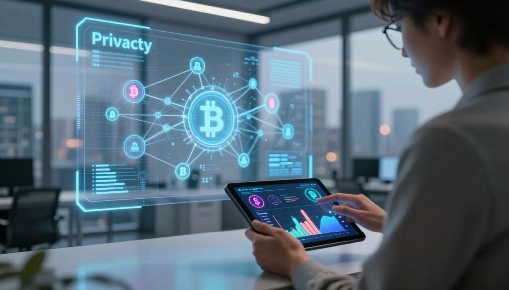 A modern, futuristic office space representing the theme of privacy in cryptocurrency acquisition. In the foreground, a person wearing smart, casual business attire is intently examining a digital interface on a sleek tablet, showcasing colorful graphs and symbols of cryptocurrency. The middle ground features a large, transparent screen displaying a blockchain network with interconnected nodes, symbolizing privacy and anonymity. In the background, a city skyline is visible through floor-to-ceiling windows, bathed in soft, ambient lighting that creates a calm and focused atmosphere. The image emphasizes a sense of security and innovation, with cool tones highlighting the sophisticated technology in use. The overall mood captures the essence of discreet and private financial transactions in the crypto world. A modern, futuristic office space representing the theme of privacy in cryptocurrency acquisition. In the foreground, a person wearing smart, casual business attire is intently examining a digital interface on a sleek tablet, showcasing colorful graphs and symbols of cryptocurrency. The middle ground features a large, transparent screen displaying a blockchain network with interconnected nodes, symbolizing privacy and anonymity. In the background, a city skyline is visible through floor-to-ceiling windows, bathed in soft, ambient lighting that creates a calm and focused atmosphere. The image emphasizes a sense of security and innovation, with cool tones highlighting the sophisticated technology in use. The overall mood captures the essence of discreet and private financial transactions in the crypto world.