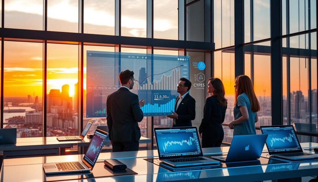 A modern, high-tech office environment illustrating the crypto venture capital landscape. In the foreground, a diverse group of four professionals in business attire—two men and two women—are engaged in a discussion, analyzing charts on a transparent digital screen showcasing rising cryptocurrency trends. In the middle ground, sleek, futuristic desks with laptops display crypto portfolios and financial graphs. The background features floor-to-ceiling windows with a city skyline view, bathed in warm, natural light during sunset, creating a vibrant yet focused atmosphere. The scene conveys a sense of innovation, collaboration, and the dynamic nature of the crypto investment sector, with subtle elements of blockchain imagery integrated into the digital displays to emphasize the topic.