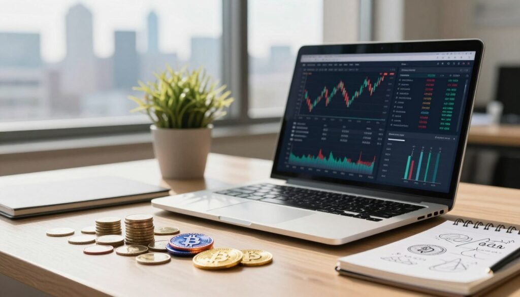 A modern office desk setup featuring a sleek laptop displaying a cryptocurrency portfolio, surrounded by digital financial charts and graphs. In the foreground, a stack of traditional coins next to vibrant cryptocurrency tokens symbolizing investment diversity. The middle ground showcases a potted plant and a notepad with sketches of key concepts related to Roth IRAs and crypto. The background hints at a city skyline through a large window, with natural sunlight streaming in to create a bright, optimistic atmosphere. The overall mood is professional and engaging, illustrating the innovative blend of cryptocurrency and retirement planning. Soft focus on the cityscape, with a shallow depth of field to emphasize the desk's details. A modern office desk setup featuring a sleek laptop displaying a cryptocurrency portfolio, surrounded by digital financial charts and graphs. In the foreground, a stack of traditional coins next to vibrant cryptocurrency tokens symbolizing investment diversity. The middle ground showcases a potted plant and a notepad with sketches of key concepts related to Roth IRAs and crypto. The background hints at a city skyline through a large window, with natural sunlight streaming in to create a bright, optimistic atmosphere. The overall mood is professional and engaging, illustrating the innovative blend of cryptocurrency and retirement planning. Soft focus on the cityscape, with a shallow depth of field to emphasize the desk's details.