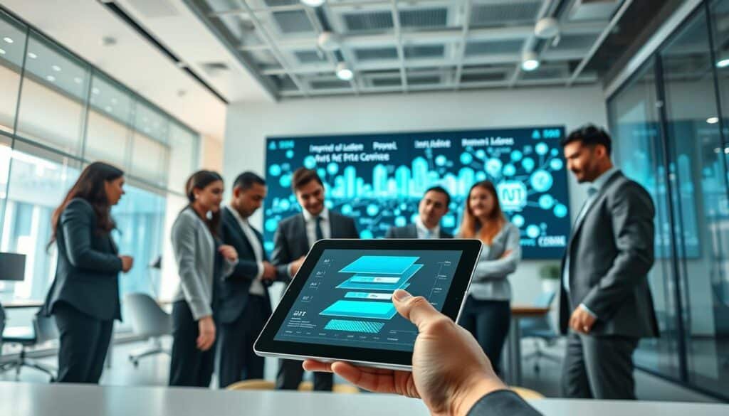 A modern office environment showcasing a digital payroll system powered by blockchain technology. In the foreground, a diverse group of professionals in business attire collaborate around a sleek tablet displaying a visual representation of an immutable ledger, complete with transparent layers of data. The middle ground features a large, high-resolution screen on the wall illustrating blockchain networks and data flow. The background contains glass partitions, modern office furniture, and ambient lighting to create a bright, innovative atmosphere. The image should have a futuristic feel, with soft blue and green tones to symbolize trust and transparency in payroll processes. The angle is slightly elevated, providing a comprehensive view of the collaborative workspace. The overall mood is productive and cutting-edge.