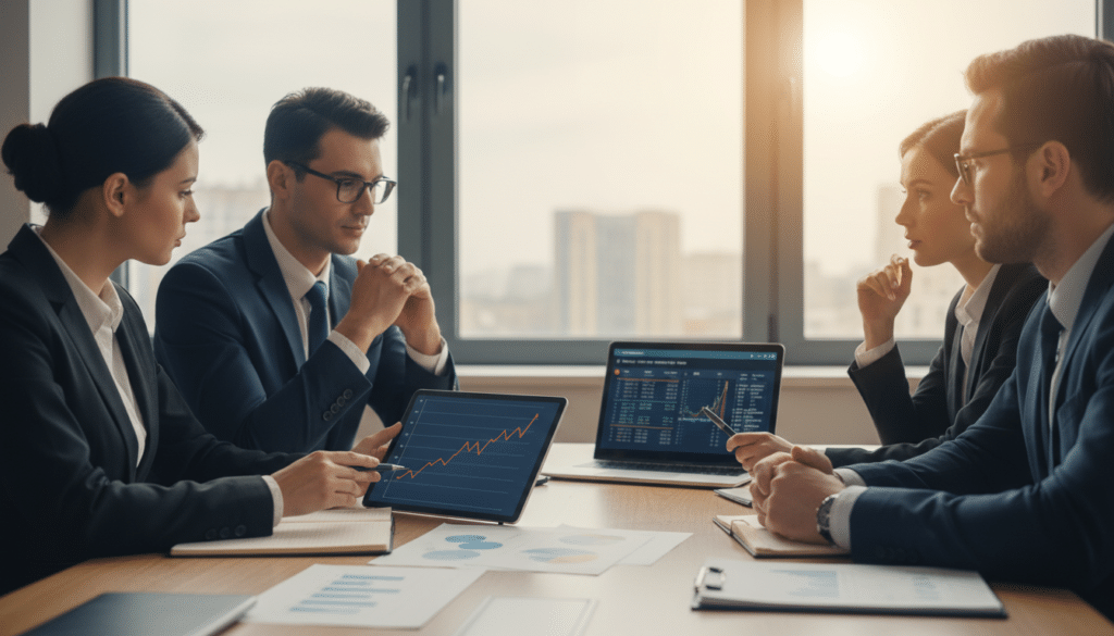 A modern office environment showcasing a diverse group of professionals in business attire discussing cryptocurrency benefits. In the foreground, a confident woman points at a digital tablet displaying an upward-trending graph of cryptocurrency adoption, while a thoughtful man in glasses listens attentively. The middle ground features a sleek conference table with crypto-themed documents and a laptop showcasing a blockchain interface. In the background, large windows let in natural light, illuminating cityscape views that symbolize a global market. The overall mood is one of innovation and collaboration, with a warm color palette blending professionalism and optimism. The scene captures the essence of understanding cryptocurrency's advantages for businesses in a contemporary setting. A modern office environment showcasing a diverse group of professionals in business attire discussing cryptocurrency benefits. In the foreground, a confident woman points at a digital tablet displaying an upward-trending graph of cryptocurrency adoption, while a thoughtful man in glasses listens attentively. The middle ground features a sleek conference table with crypto-themed documents and a laptop showcasing a blockchain interface. In the background, large windows let in natural light, illuminating cityscape views that symbolize a global market. The overall mood is one of innovation and collaboration, with a warm color palette blending professionalism and optimism. The scene captures the essence of understanding cryptocurrency's advantages for businesses in a contemporary setting.
