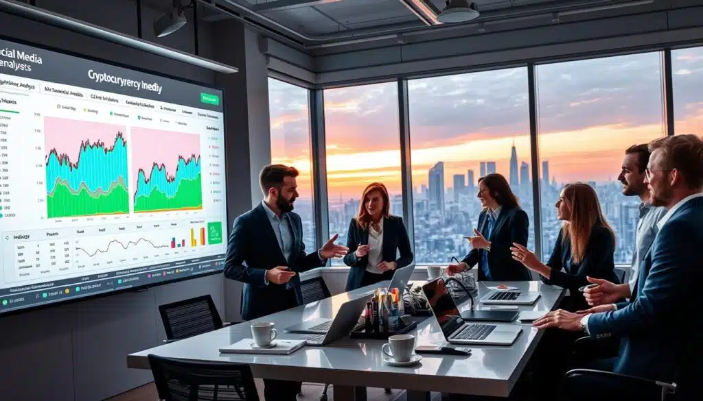 A modern office environment with a large screen displaying colorful graphs and charts related to cryptocurrency, showcasing social media sentiment analysis. In the foreground, a diverse group of professionals in business attire discuss insights, analyzing data, with expressive gestures. The middle ground features a sleek desk with laptops, notepads, and coffee cups, emphasizing a busy but organized atmosphere. In the background, floor-to-ceiling windows provide a view of a city skyline bathed in soft, ambient lighting during sunset, casting a warm glow throughout the room. The overall mood should convey collaboration, knowledge-sharing, and focus, with a sense of excitement about the evolving crypto markets.