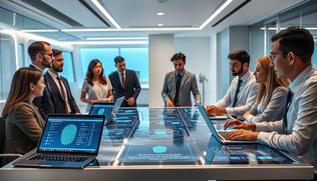 A modern office setting dedicated to AI-powered crypto KYC verification. In the foreground, a diverse group of professionals in business attire, engaged in a discussion around a digital table. On the table are laptops displaying advanced data analytics and graphical representations of user verification processes. The middle ground features interactive screens showcasing AI algorithms and security checks, with visuals illustrating identity verification steps—fingerprints, facial recognition, and encrypted data flow. The background depicts a sleek, futuristic office space with soft blue and white lighting, emphasizing a high-tech atmosphere. Capture the scene from a slightly elevated angle to give an overview of the collaboration, highlighting a sense of innovation and professionalism in the crypto industry.