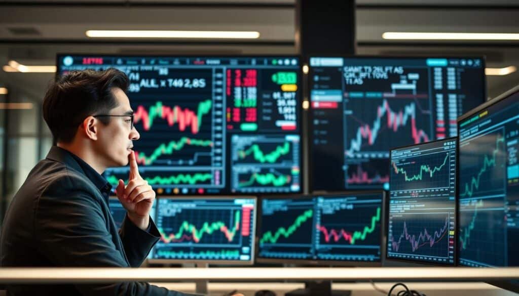 A modern office setting featuring a large computer screen displaying complex trading charts and algorithms, illustrating the concept of trading bots in action. In the foreground, a professional-looking individual in business attire is intently analyzing data, with a thoughtful expression while interacting with the screen. In the middle ground, several smaller screens show various trading metrics and bot performance graphs, emphasizing the technological aspect of algorithmic trading. The background is filled with sleek office decor, soft ambient lighting creating a focused atmosphere. Light glimmers on the surfaces, suggesting a high-tech environment. Use a slightly angled lens to provide depth to the scene while capturing the serious and innovative mood surrounding cryptocurrency trading.