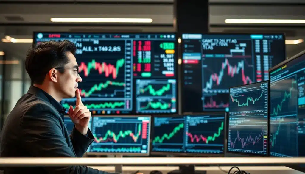 A modern office setting featuring a large computer screen displaying complex trading charts and algorithms, illustrating the concept of trading bots in action. In the foreground, a professional-looking individual in business attire is intently analyzing data, with a thoughtful expression while interacting with the screen. In the middle ground, several smaller screens show various trading metrics and bot performance graphs, emphasizing the technological aspect of algorithmic trading. The background is filled with sleek office decor, soft ambient lighting creating a focused atmosphere. Light glimmers on the surfaces, suggesting a high-tech environment. Use a slightly angled lens to provide depth to the scene while capturing the serious and innovative mood surrounding cryptocurrency trading.