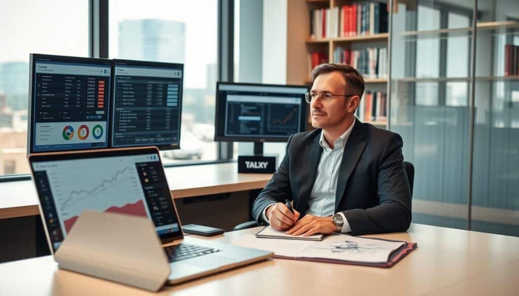A modern office setting featuring a professional businessperson, seated at a sleek desk with dual monitors displaying various cryptocurrency tax software interfaces. The person, dressed in smart business attire, appears engaged and contemplative, with a notepad and pen in hand to jot down notes. In the foreground, a laptop is open, showcasing charts and graphs related to crypto transactions. The middle ground includes a large window, letting in soft, natural light, highlighting a cityscape outside. In the background, shelves filled with books on finance and technology create an atmosphere of expertise and knowledge. The overall mood is focused and analytical, conveying the importance of selecting the right software for tax preparation in the crypto space for 2026.