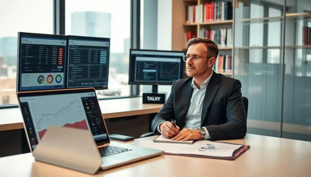 A modern office setting featuring a professional businessperson, seated at a sleek desk with dual monitors displaying various cryptocurrency tax software interfaces. The person, dressed in smart business attire, appears engaged and contemplative, with a notepad and pen in hand to jot down notes. In the foreground, a laptop is open, showcasing charts and graphs related to crypto transactions. The middle ground includes a large window, letting in soft, natural light, highlighting a cityscape outside. In the background, shelves filled with books on finance and technology create an atmosphere of expertise and knowledge. The overall mood is focused and analytical, conveying the importance of selecting the right software for tax preparation in the crypto space for 2026.
