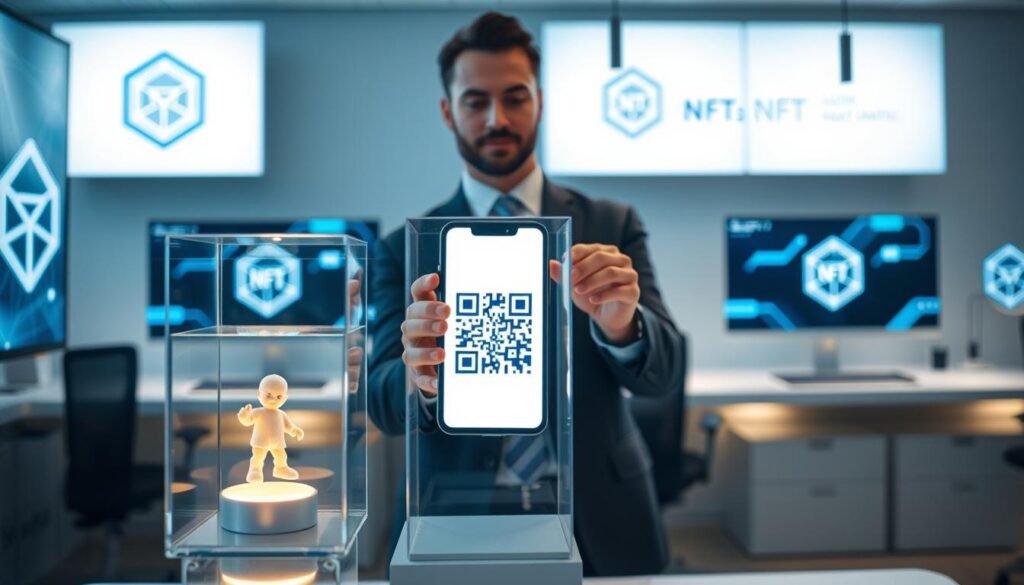 A modern office setting illustrating the concept of physical NFT redemption. In the foreground, a transparent display case showcases a unique physical item, such as a collectible figurine, glowing softly with neon lights to symbolize its digital counterpart. In the middle, a professional individual in business attire holds a smartphone displaying a QR code, representing the connection between the digital and physical realms. The background features a sleek desk adorned with digital screens showing abstract representations of blockchain technology and NFT logos. Soft, diffused lighting creates an inviting atmosphere, while a slight angle from above adds dynamism to the composition, emphasizing innovation and the merging of virtual and tangible assets.