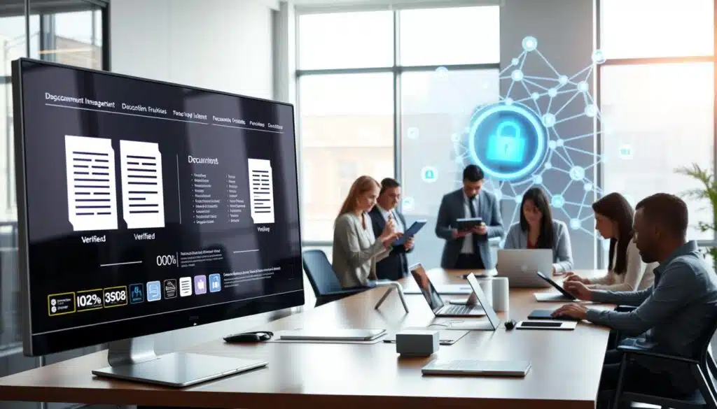 A modern office setting showcasing digital document management and blockchain technology. In the foreground, a sleek computer screen displays animated visualizations of documents being verified and secured by blockchain nodes. In the middle, a diverse group of professionals in business attire collaborates around a table, discussing digital strategies while engaging with tablets and laptops. The background features digital art of a secure blockchain network visual, with interconnected nodes and flowing data streams illustrating the verification process. Soft, natural lighting filters through large windows, creating an atmosphere of innovation and collaboration. The imagery communicates a sense of trust and efficiency in handling documents.