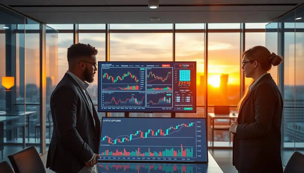 A modern office space with a sleek, high-tech aesthetic. In the foreground, a diverse group of three professionals—two men and one woman—are intently discussing a digital screen displaying charts and options trading data, dressed in professional business attire. The middle ground features a large, illuminated screen with colorful graphs and market indicators symbolizing crypto options. In the background, large windows reveal a city skyline at sunset, casting warm, ambient light into the room. Subtle reflections on glass surfaces enhance the high-tech atmosphere. Overall, the scene conveys focus, strategy, and collaboration in the world of crypto options trading. The lighting is strategically placed to highlight the screen and the participants' expressions of concentration and engagement. A modern office space with a sleek, high-tech aesthetic. In the foreground, a diverse group of three professionals—two men and one woman—are intently discussing a digital screen displaying charts and options trading data, dressed in professional business attire. The middle ground features a large, illuminated screen with colorful graphs and market indicators symbolizing crypto options. In the background, large windows reveal a city skyline at sunset, casting warm, ambient light into the room. Subtle reflections on glass surfaces enhance the high-tech atmosphere. Overall, the scene conveys focus, strategy, and collaboration in the world of crypto options trading. The lighting is strategically placed to highlight the screen and the participants' expressions of concentration and engagement.