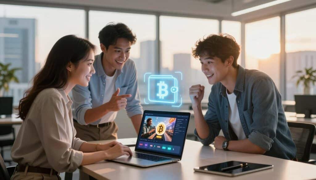 A modern office space with a sleek laptop on a desk displaying a video player interface with animated visuals. In the foreground, a diverse group of three individuals, a woman in smart casual attire, a man in a business shirt, and a young adult in relaxed wear, are intently watching the screen, smiling and discussing their excitement. The middle ground features a glowing digital cryptocurrency wallet symbol subtly integrated into the design, representing the earnings aspect. In the background, large windows reveal a vibrant city skyline bathed in warm afternoon light, creating an optimistic and innovative atmosphere. The scene is well-lit with a slight lens flare to enhance the modern, tech-savvy vibe, focusing on the theme of earning money through entertainment. A modern office space with a sleek laptop on a desk displaying a video player interface with animated visuals. In the foreground, a diverse group of three individuals, a woman in smart casual attire, a man in a business shirt, and a young adult in relaxed wear, are intently watching the screen, smiling and discussing their excitement. The middle ground features a glowing digital cryptocurrency wallet symbol subtly integrated into the design, representing the earnings aspect. In the background, large windows reveal a vibrant city skyline bathed in warm afternoon light, creating an optimistic and innovative atmosphere. The scene is well-lit with a slight lens flare to enhance the modern, tech-savvy vibe, focusing on the theme of earning money through entertainment.