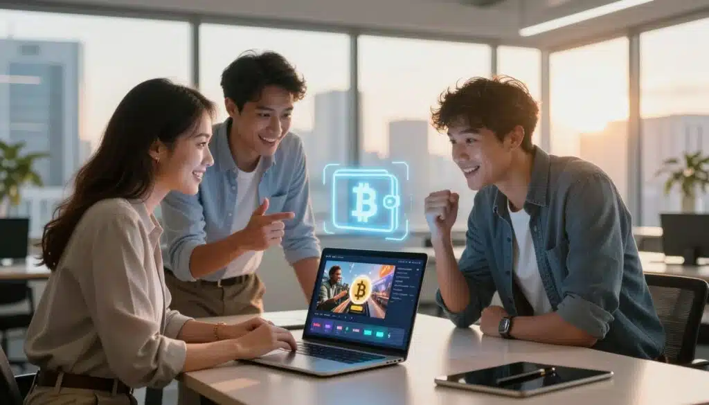 A modern office space with a sleek laptop on a desk displaying a video player interface with animated visuals. In the foreground, a diverse group of three individuals, a woman in smart casual attire, a man in a business shirt, and a young adult in relaxed wear, are intently watching the screen, smiling and discussing their excitement. The middle ground features a glowing digital cryptocurrency wallet symbol subtly integrated into the design, representing the earnings aspect. In the background, large windows reveal a vibrant city skyline bathed in warm afternoon light, creating an optimistic and innovative atmosphere. The scene is well-lit with a slight lens flare to enhance the modern, tech-savvy vibe, focusing on the theme of earning money through entertainment.