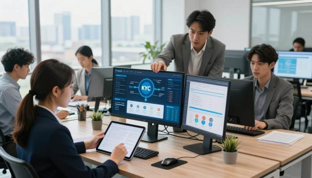 A modern office workspace featuring diverse professionals analyzing KYC verification processes on sleek digital devices. In the foreground, a focused woman in smart business attire reviews documents on a tablet, while a man beside her points at a computer screen displaying data analytics. The middle layer includes a large monitor showcasing infographic-style visuals of KYC processes, including secure data flows and identity checks. The background reveals floor-to-ceiling windows with a cityscape view, allowing natural light to flood the space, creating a bright and engaging atmosphere. The overall mood is collaborative, emphasizing professionalism and clarity in understanding KYC verification within the cryptocurrency landscape. The image is captured from a slightly elevated angle, providing depth and context to the scene. A modern office workspace featuring diverse professionals analyzing KYC verification processes on sleek digital devices. In the foreground, a focused woman in smart business attire reviews documents on a tablet, while a man beside her points at a computer screen displaying data analytics. The middle layer includes a large monitor showcasing infographic-style visuals of KYC processes, including secure data flows and identity checks. The background reveals floor-to-ceiling windows with a cityscape view, allowing natural light to flood the space, creating a bright and engaging atmosphere. The overall mood is collaborative, emphasizing professionalism and clarity in understanding KYC verification within the cryptocurrency landscape. The image is captured from a slightly elevated angle, providing depth and context to the scene.