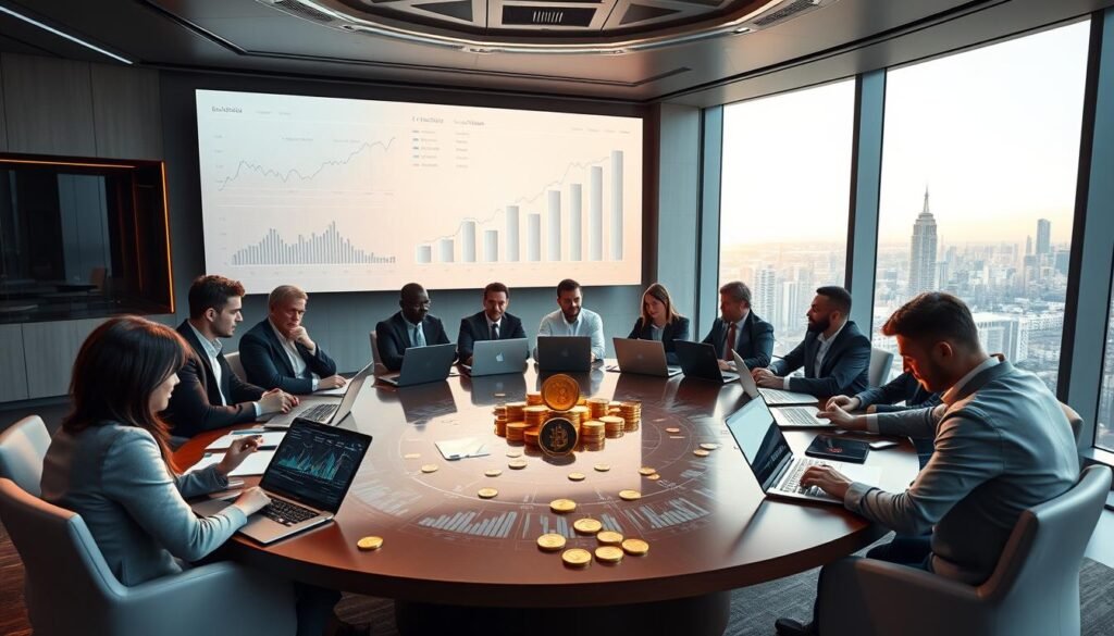 A modern, sleek conference room filled with diverse professionals in business attire engaged in a discussion about cryptocurrency investments. In the foreground, a round table is adorned with laptops, digital financial charts, and crypto coins symbolizing institutional investments. The middle ground features a large interactive display screen showcasing dynamic graphs and analytics related to crypto flows, while a large window in the background reveals a bustling city skyline bathed in soft morning light. The scene conveys a sense of innovation and collaboration, portraying the seriousness of institutional crypto activities. The lighting is bright and focused, enhancing the professional atmosphere, while a low-angle perspective emphasizes the importance of the discussion taking place within the room.