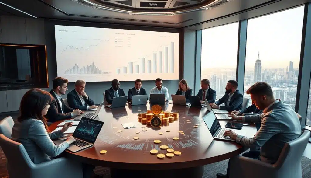 A modern, sleek conference room filled with diverse professionals in business attire engaged in a discussion about cryptocurrency investments. In the foreground, a round table is adorned with laptops, digital financial charts, and crypto coins symbolizing institutional investments. The middle ground features a large interactive display screen showcasing dynamic graphs and analytics related to crypto flows, while a large window in the background reveals a bustling city skyline bathed in soft morning light. The scene conveys a sense of innovation and collaboration, portraying the seriousness of institutional crypto activities. The lighting is bright and focused, enhancing the professional atmosphere, while a low-angle perspective emphasizes the importance of the discussion taking place within the room.