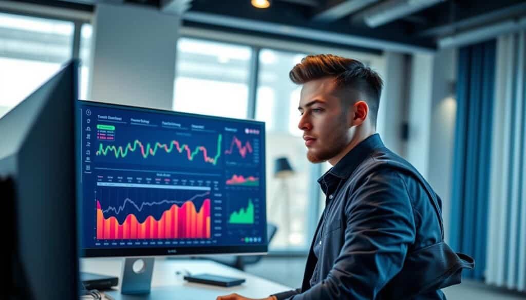 A modern, sleek cryptocurrency analysis interface on a computer screen, showcasing the CoinGlass dashboard. In the foreground, the screen displays vibrant charts and graphs with varying colors, representing real-time crypto data, set against a stylish workspace with a minimalist design. The middle ground features a confident individual in smart casual attire, intently analyzing the data shown on the screen, their face illuminated by the soft glow of the monitor. The background reveals a contemporary office space, with soft natural lighting filtering through large windows, creating a calm and focused atmosphere. The angle should be slightly elevated, capturing the user’s perspective while emphasizing the digital interface. The overall mood is one of professionalism and analytical insight, perfect for navigating a digital trading platform.