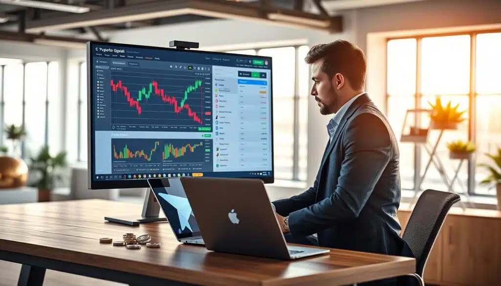 A modern, sleek desktop setup showcasing a Telegram crypto signal platform interface on a high-resolution monitor. In the foreground, a confident business professional, dressed in smart casual attire, analyzes data on the screen filled with vibrant charts and market indicators. The middle ground features a stylish laptop and digital assets scattered on a contemporary wooden desk, symbolizing the dynamic nature of crypto trading. In the background, a bright and airy office with large windows allows natural light to illuminate the space, creating a productive atmosphere. The overall mood is focused and futuristic, reflecting the cutting-edge technology and opportunities in the crypto signals landscape for 2026. Soft, warm lighting enhances the scene without being overpowering, capturing the essence of a thriving trading environment.