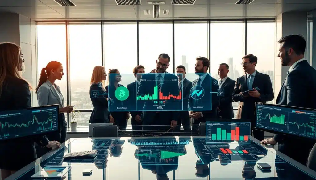A modern, sleek office environment showcasing a cryptocurrency market-neutral trading strategy. In the foreground, a diverse group of professionals in business attire engages in intense discussion over digital trading charts displayed on multiple screens. The middle layer features high-tech holographic interfaces projecting cryptocurrency symbols and graphs, emphasizing market neutrality with balanced green and red indicators. The background reveals large windows with a view of a city skyline bathed in soft, natural light, symbolizing innovation and opportunity. The overall atmosphere should convey focus and collaboration, with a clean, sophisticated aesthetic. Use a wide-angle lens to capture the entire scene, ensuring detailed textures and vibrant colors that bring the bustling trading environment to life. A modern, sleek office environment showcasing a cryptocurrency market-neutral trading strategy. In the foreground, a diverse group of professionals in business attire engages in intense discussion over digital trading charts displayed on multiple screens. The middle layer features high-tech holographic interfaces projecting cryptocurrency symbols and graphs, emphasizing market neutrality with balanced green and red indicators. The background reveals large windows with a view of a city skyline bathed in soft, natural light, symbolizing innovation and opportunity. The overall atmosphere should convey focus and collaboration, with a clean, sophisticated aesthetic. Use a wide-angle lens to capture the entire scene, ensuring detailed textures and vibrant colors that bring the bustling trading environment to life.