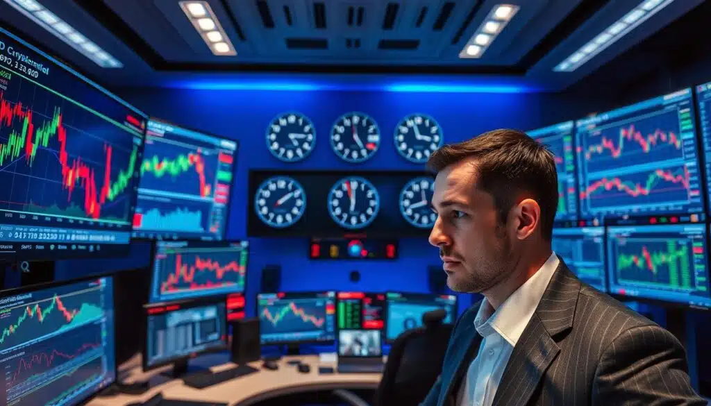 A modern trading room filled with advanced computer screens displaying dynamic cryptocurrency charts and real-time data, showcasing various cryptocurrencies like Bitcoin and Ethereum with vibrant colors. In the foreground, a focused trader in professional business attire analyzes the data, with a look of concentration on their face. In the middle, several digital clocks show different time zones indicating global trading hours, emphasizing the worldwide nature of cryptocurrency trading. The background features a sleek, high-tech office setup, with ambient blue lighting creating a calm yet intense atmosphere. Capture the essence of urgency and opportunity in the scene, using a dynamic angle to reflect the excitement of trading.