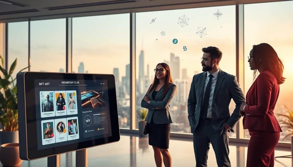 A modern, visually engaging scene illustrating the concept of NFT membership clubs. In the foreground, a diverse group of three professionals, dressed in smart business attire, is gathered around a sleek interactive digital screen displaying NFT art and membership features. In the middle ground, a stylish, futuristic office environment with large windows showcasing a city skyline, filled with greenery and tech elements. Ambient lighting casts a warm glow, creating an inviting atmosphere. In the background, abstract representations of digital assets and blockchain symbols float subtly, symbolizing technology and innovation. The composition should convey a sense of collaboration, creativity, and forward-thinking, emphasizing the concept of understanding NFT membership clubs. A modern, visually engaging scene illustrating the concept of NFT membership clubs. In the foreground, a diverse group of three professionals, dressed in smart business attire, is gathered around a sleek interactive digital screen displaying NFT art and membership features. In the middle ground, a stylish, futuristic office environment with large windows showcasing a city skyline, filled with greenery and tech elements. Ambient lighting casts a warm glow, creating an inviting atmosphere. In the background, abstract representations of digital assets and blockchain symbols float subtly, symbolizing technology and innovation. The composition should convey a sense of collaboration, creativity, and forward-thinking, emphasizing the concept of understanding NFT membership clubs.