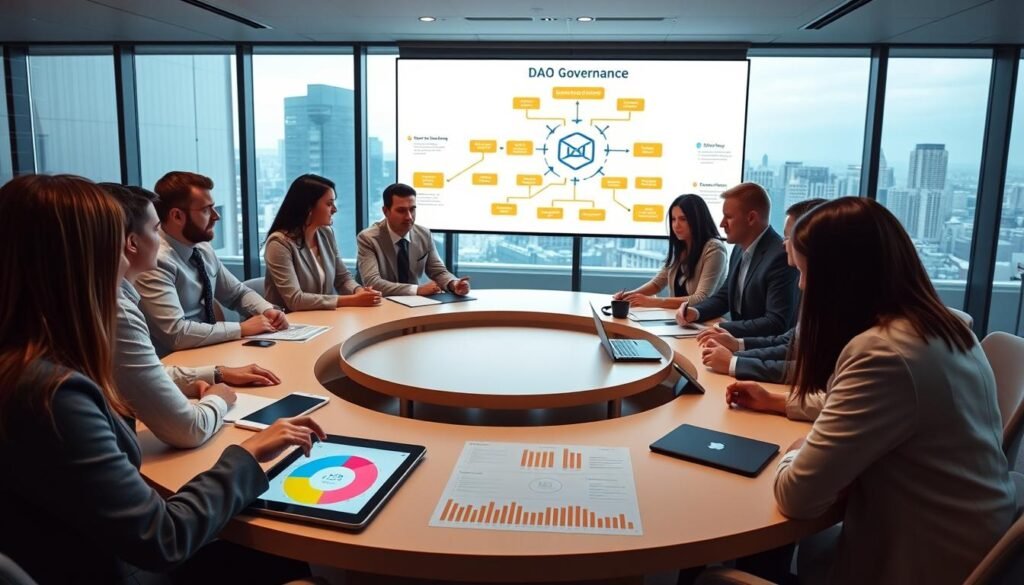 A modern, well-lit conference room with a round table at the center, where a diverse group of professionals in business attire collaborate on DAO governance and voting strategies. In the foreground, a digital tablet displays a colorful pie chart and votes being tallied. In the middle ground, a large digital screen shows an animated flowchart of the DAO governance process, emphasizing transparency and community involvement. The background features large windows with city views, suggesting innovation and progress. Soft, natural lighting enhances the sense of teamwork and discussion, creating a focused yet optimistic atmosphere. The overall mood reflects collaboration, transparency, and democratic decision-making in a digital age.
