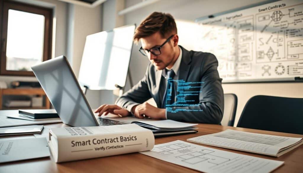 A modern workspace depicting a focused programmer preparing for smart contract verification on a sleek laptop. In the foreground, the programmer, dressed in smart business attire, scrutinizes code on the screen with a look of concentration. The middle layer showcases an organized desk with scattered papers, a reference book titled "Smart Contract Basics," and a notepad with sketches of flowcharts. In the background, a whiteboard filled with technical diagrams and flowcharts related to smart contracts sets the tone of an innovative tech environment. Bright, natural light streams through a window, casting soft shadows, and creating a productive atmosphere. The camera angle is slightly tilted to enhance visual interest, capturing both detail and the ambience of preparation and focus. A modern workspace depicting a focused programmer preparing for smart contract verification on a sleek laptop. In the foreground, the programmer, dressed in smart business attire, scrutinizes code on the screen with a look of concentration. The middle layer showcases an organized desk with scattered papers, a reference book titled "Smart Contract Basics," and a notepad with sketches of flowcharts. In the background, a whiteboard filled with technical diagrams and flowcharts related to smart contracts sets the tone of an innovative tech environment. Bright, natural light streams through a window, casting soft shadows, and creating a productive atmosphere. The camera angle is slightly tilted to enhance visual interest, capturing both detail and the ambience of preparation and focus.