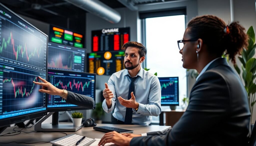 A modern workspace featuring a diverse group of three professionals intently analyzing cryptocurrency trading data on multiple screens. In the foreground, a focused woman in business attire points at a digital graph showing market trends. In the middle, a man in smart casual attire discusses trading strategies with a colleague, both surrounded by charts and cryptocurrency symbols illuminating the screens. The background displays vibrant financial news tickers and a sleek, minimalistic design with plants for a fresh atmosphere. Soft, diffused natural lighting highlights their engaged expressions. The mood is professional yet collaborative, conveying the excitement of the cryptocurrency trading world, while promoting an insightful environment for beginners. A modern workspace featuring a diverse group of three professionals intently analyzing cryptocurrency trading data on multiple screens. In the foreground, a focused woman in business attire points at a digital graph showing market trends. In the middle, a man in smart casual attire discusses trading strategies with a colleague, both surrounded by charts and cryptocurrency symbols illuminating the screens. The background displays vibrant financial news tickers and a sleek, minimalistic design with plants for a fresh atmosphere. Soft, diffused natural lighting highlights their engaged expressions. The mood is professional yet collaborative, conveying the excitement of the cryptocurrency trading world, while promoting an insightful environment for beginners.