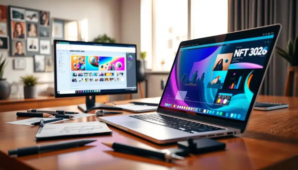 A modern workspace featuring a dynamic display of animation software tools on a sleek computer screen. In the foreground, a laptop with a vibrant, colorful animation timeline open, showcasing frames in motion. Surrounding it, various tools like a stylus, graphics tablet, and reference sketches scattered on a polished wooden desk. In the middle ground, an ergonomic chair and mood board filled with inspiring artwork hint at creativity. The background is softly blurred, revealing a well-lit room with natural light streaming through a window, casting gentle shadows. The overall atmosphere feels innovative and inspiring, conveying the excitement of creating animated NFT art in a professional yet artistic environment. The composition is shot from a slight angle to enhance depth, with soft, warm lighting to evoke a sense of creativity and focus. A modern workspace featuring a dynamic display of animation software tools on a sleek computer screen. In the foreground, a laptop with a vibrant, colorful animation timeline open, showcasing frames in motion. Surrounding it, various tools like a stylus, graphics tablet, and reference sketches scattered on a polished wooden desk. In the middle ground, an ergonomic chair and mood board filled with inspiring artwork hint at creativity. The background is softly blurred, revealing a well-lit room with natural light streaming through a window, casting gentle shadows. The overall atmosphere feels innovative and inspiring, conveying the excitement of creating animated NFT art in a professional yet artistic environment. The composition is shot from a slight angle to enhance depth, with soft, warm lighting to evoke a sense of creativity and focus.